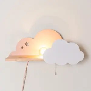 ValueLights Kids Pink and White Dinosaur Design Plug in Wall Light with Shelf and Pull Cord Switch - Including Bulb