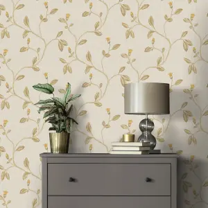 Holden Décor Opus Lia Beige & yellow Metallic effect Floral trail Embossed Wallpaper