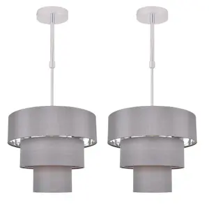 First Choice Lighting Set of 2 Staggered 3 Tier Grey Faux Silk Slub Fabric Ceiling Adjustable Flush Shade with Chrome Board Inner