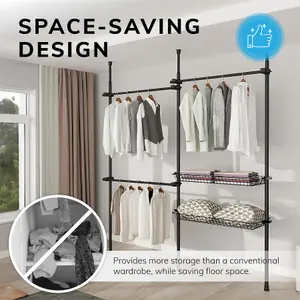 House of Home Telescopic Wardrobe Organiser Double Black Rail Clothes Rack Baskets Storage