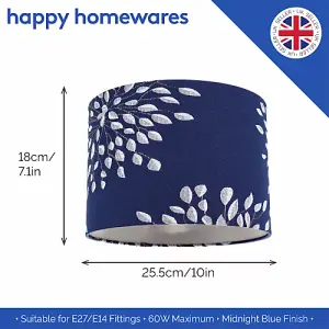 Modern Navy Midnight Blue Drum Lampshade with Off-White Floral Decoration