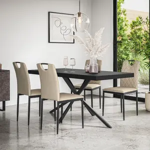 Donni Dining Table And Chairs -  Black Table Top w Black Legs + Monza Faux Leather Dining Chair Set Of 6 (Beige)