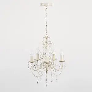 ValueLights Lille Cream Ornate Vintage Style Shabby Chic 5 Way Ceiling Light Chandelier with Acrylic Jewels