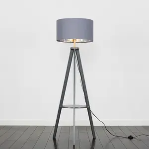 ValueLights Morrigan Modern Grey Wood Tripod Design Floor Lamp Base with Storage Shelf