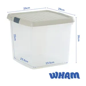 Wham Clip 4x 14L Square Plastic Storage Boxes with Secure Clip Lock Lids. L:29 x W:29 x H:26cm Clear/Stone/Slate Grey