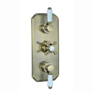 ENKI Regent Antique Brass Crosshead 3-Outlet Solid Brass Thermostatic Triple Shower Valve TSV070