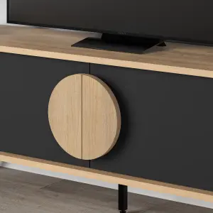 Decortie Gora Modern TV Unit Oak, Silky Grey Black 140(W)cm with 2 Door Flap Stay Storage TV Cabinet