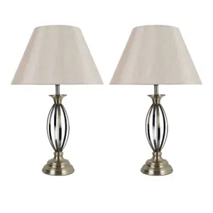 First Choice Lighting Set of 2 Cigar Antique Brass 55cm Table Lamps with Off White Fabric Shades