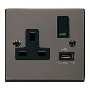 Black Nickel 1 Gang 13A DP 1 USB Switched Plug Socket - Black Trim - SE Home