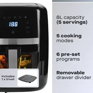 Daewoo Family Size 8L Digital Air Fryer with Viewing Window & Divider for 2x 4L Dual Cooking