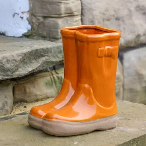 Small Orange Double Wellington Boots Ceramic Indoor Outdoor Flower Pot Garden Planter Pot