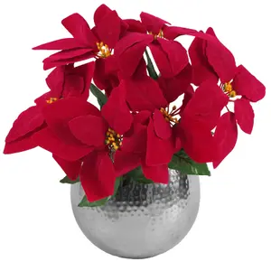 Artificial Christmas Xmas Red Poinsettia 40cm Silver Curved Metal Planter