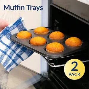 Non-Stick 6-Cup Muffin Trays Alloy Steel Multipurpose Baking Tin for Cupcakes, Yorkshire Puddings & Mini Quiches Pack of 2