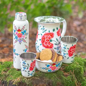 BillyCan Hand-Painted Picnic Water Jug with 300ml Cups - 1.7L - Cotton Peony