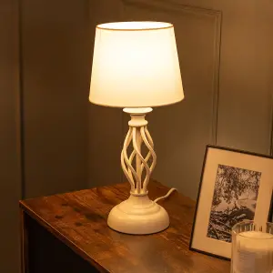 ValueLights Memphis Cream Twist Table Lamp with a Fabric Lampshade Bedroom Bedside Light