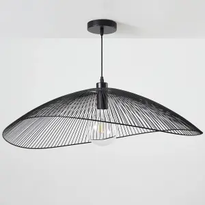 Contemporary Large Black Pendant Ceiling Light. Decorative shade with curved metal threads, 80cm Diameter  Adjustable height