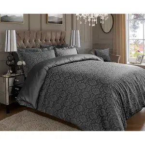 Statler Cotton Blend Damask Duvet Cover Set with Pillowcases Dark Grey / Super King - 2 Standard Pillowcases