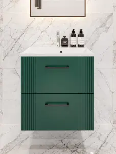 600mm wall hung green bathroom vanity unit with basin and drawers