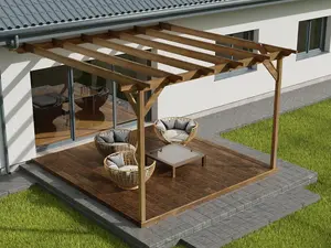 Wall mounted pergola and decking complete diy kit, Sculpted design (3m x 3m, Rustic brown finish)