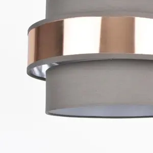 First Choice Lighting Easy Fit 2 Tier Grey Fabric & Brushed Copper Plated Banded Ceiling Shade