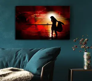 Red Sunset Ocean Walk Canvas Print Wall Art - Medium 20 x 32 Inches