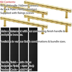 4 PACK - Pull Handle & Contrasting Backplate Set - Modern Bamboo T Bar - Satin Brass & Black