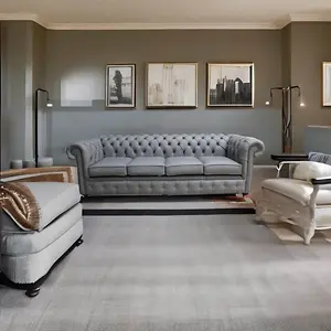 Chesterfield 4 Seater Sofa Shelly Silver Grey Real Leather In Classic Style