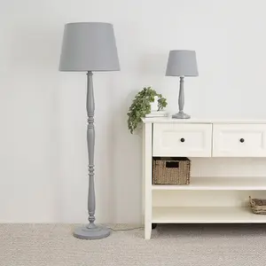 ValueLights Victoria Traditional White Wood Candlestick Floor Lamp with Grey Tapered Shade