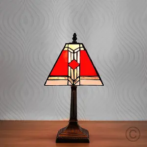 ValueLights Tiffany Style Bronze Base And Red And White Stained Glass Designer Aztec Table Lamp