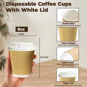 ECONX 8oz Takeaway Coffee Cups with White Lids Triple Walled Insulated Disposable Ripple Coffee Cups (Pack of 50)