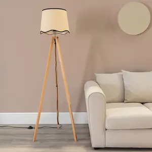 ValueLights Barbro Light Wood Tripod Floor Lamp with Natural Linen Scallop Black Edge Shade