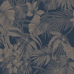 Grandeco Joelle Metallic Floral Fern Outline Wallpaper, Navy & Rose Gold