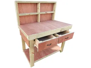 Wooden Eucalyptus hardwood top workbench, tool cabinet with drawers (V.1) (H-90cm, D-70cm, L-180cm) with back