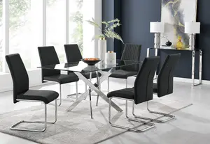 Furniturebox UK Leonardo Glass And Chrome Metal Dining Table And 6 Black Lorenzo Leather Chairs