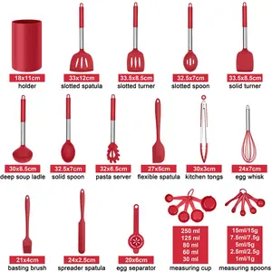 Silicone Kitchen Utensils Set, 25 Pcs Cooking Utensil With Holder, Heat Resistant Kitchen Tools With Stainless Steel Handle For Non-Stick Cookware, Turner Spatula Spoon Tong Brush Whisk, Red Red