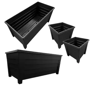 2 Black Grosvenor Troughs & 2 Black Grosvenor Flower Planters For Home & Garden