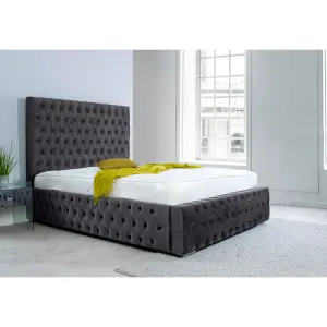 Orella Plush Bed Frame With Chesterfield Headboard - Steel