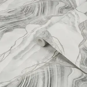 Fresco Agate Marbled Plain Grey Gold Wallpaper