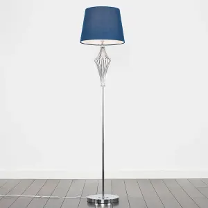 ValueLights Jaspa Polished Chrome Metal Wire Geometric Diamond Design Floor Lamp with Navy Blue Shade