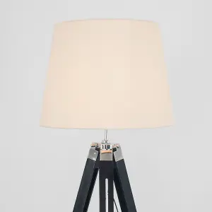 ValueLights Clipper Black Wood and Silver Chrome Tripod Floor Lamp with Beige Tapered Light Shade with 6w LED GLS Bulb