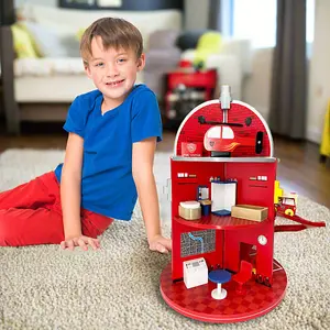 Teamson Kids 3-Story Fire House with 25-piece Figurines Set, Red