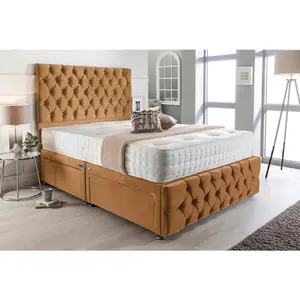 Merina Divan Bed Set with Tall Headboard and Mattress - Plush Fabric, Mustard Color, Non Storage