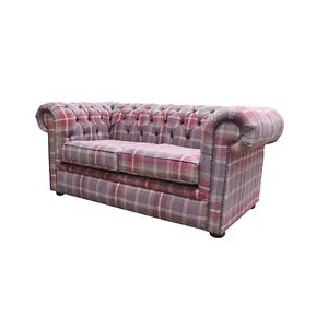 Chesterfield Handmade Tartan 2 Seater Sofa Balmoral Amethyst Purple Fabric In Classic Style