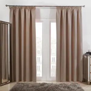 Dreamscene Pencil Pleat Blackout Curtains Set of 2 Thermal Tape Top Heading Panels Ready Made, Beige Natural - 46" x 54"