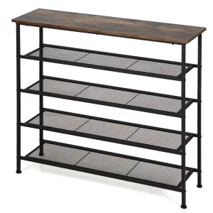 Costway 5-Tier Shoe Rack Industrial Shoe Organizer w/ Wooden Top Flat Mesh Shelves