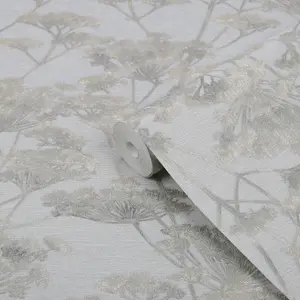 Boutique Grey Metallic effect Leaves Textured Wallpaper