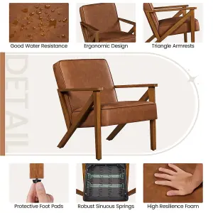 Yaheetech Light Brown Faux Leather Armchair Lounge Chair with Z-shaped Wood Legs