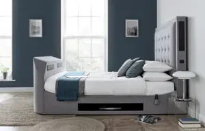 Titan TV Bed Frame with Speakers Light Grey Linen Fabric