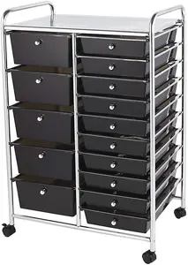 Storage Trolley On Wheels Black 15 Drawer For Salon, Beauty Make Up, Home Office Organiser