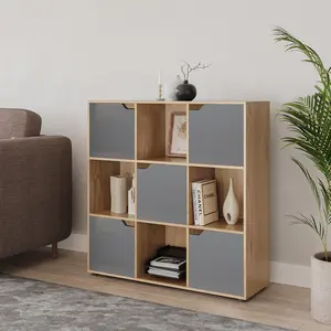 URBNLIVING 9 Cube Oak Wooden Bookcase Shelving Display Shelves Storage Unit Wood Shelf Grey Door